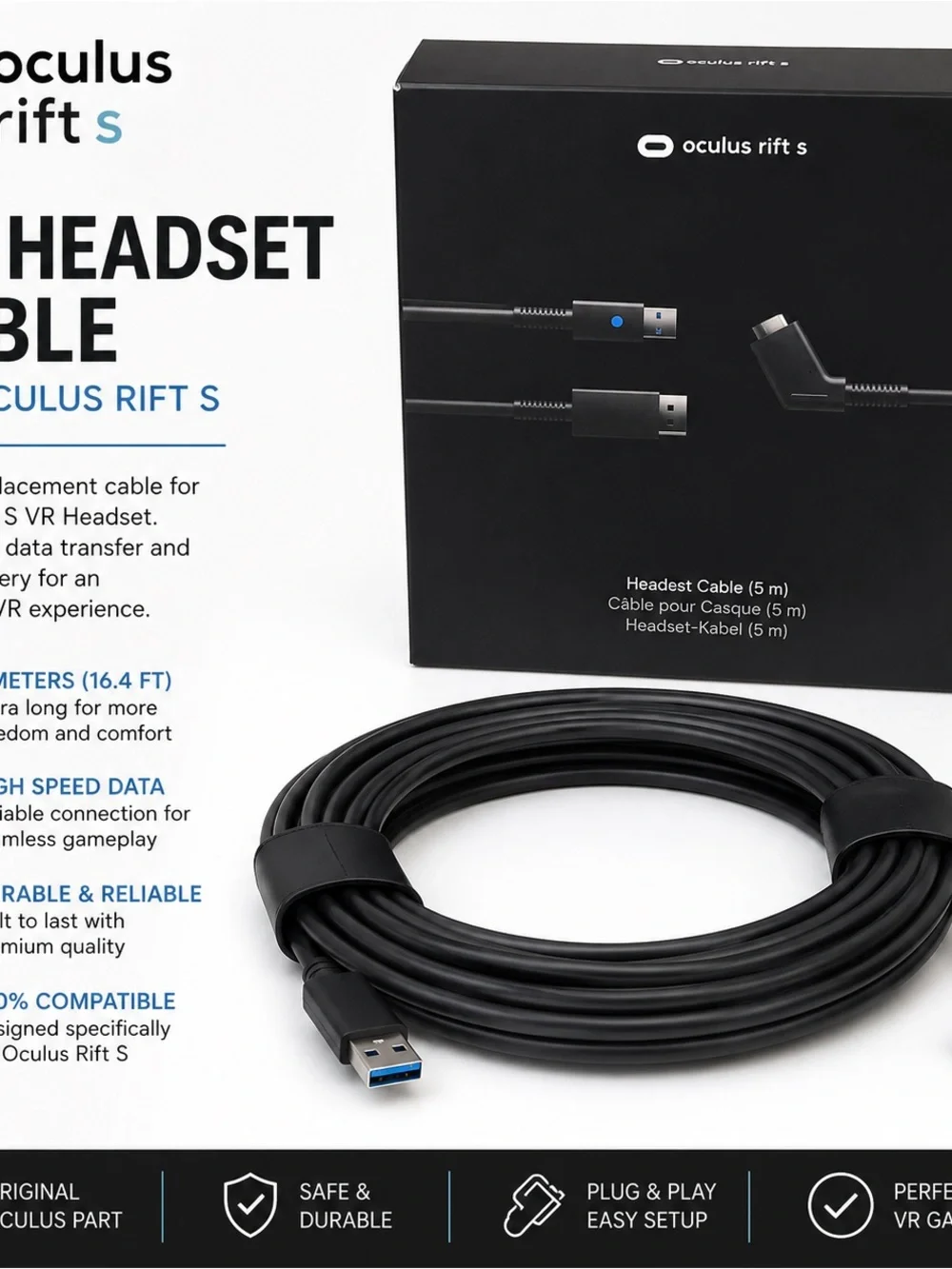 Oculus Rift S Black Headset Cable - Black